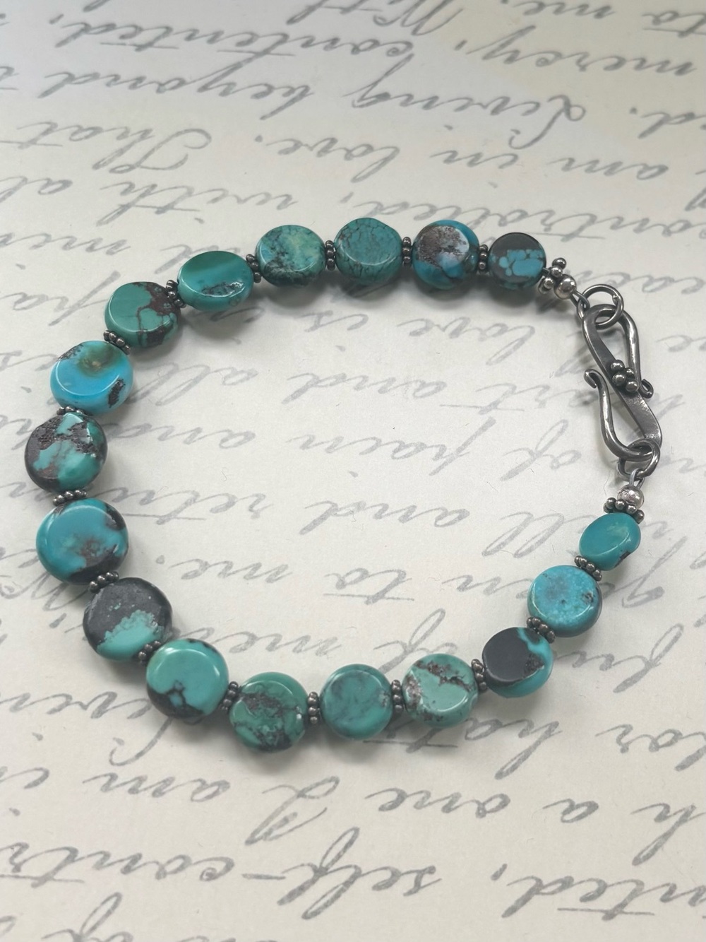 Sterling Silver Bali Bead Turquoise Disc Bead Bracelet Women Jewelry